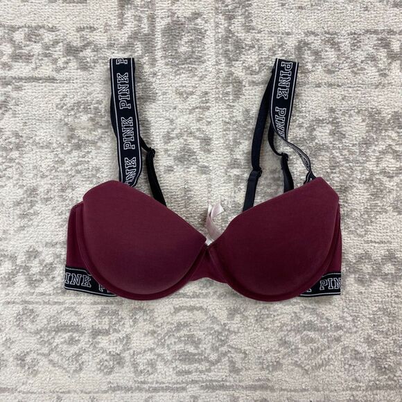 Victoria's Secret Other - Victoria Secret PINK Balconette Push Up Logo Print Red Casual Bra Size 32D